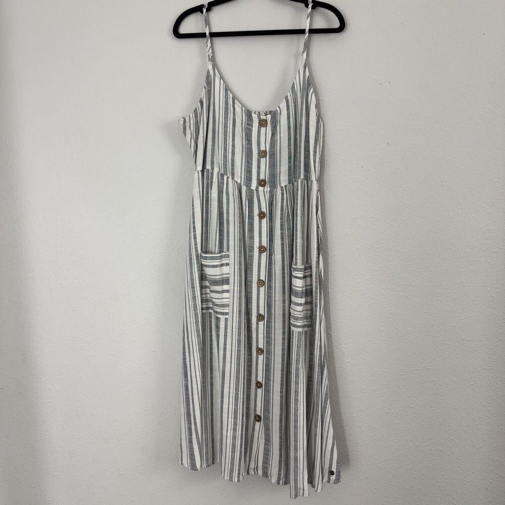 Roxy Midi Dress Womens XL Blue Striped Button Front Pockets Summer Beach